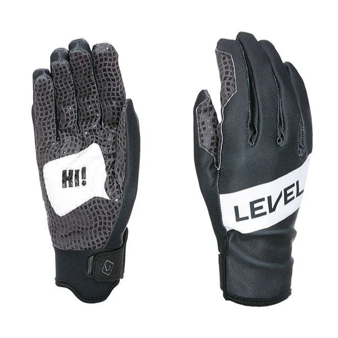 Pair of black gloves with 'HI!' and 'LEVEL' branding on a white background